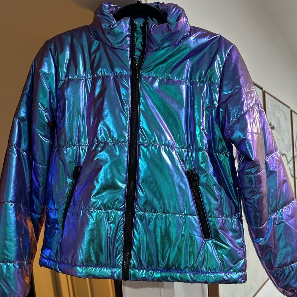 Iridescent blue lightweight puffer jacket.  Junior size S. Excellent condition
